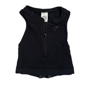 Gymshark Black Cropped Sports Bra Workout Athletic Zip Front Strappy‎ Back XS